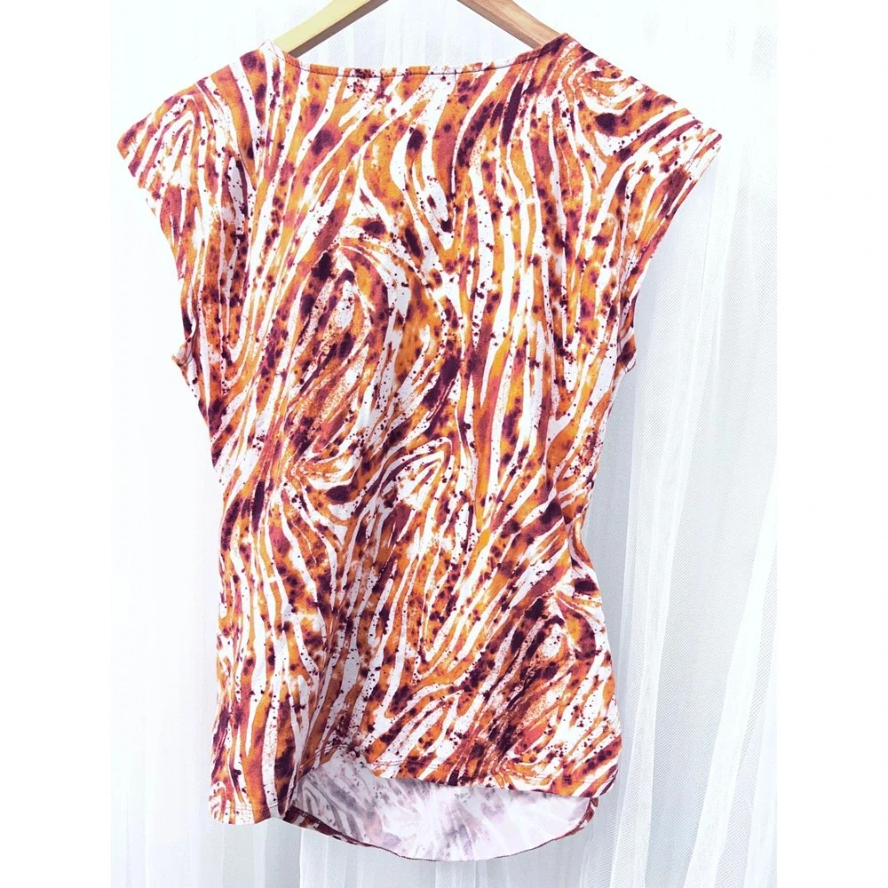 Michael Kors Womens Orange White Abstract Animal Print Surplice Ruched Top L